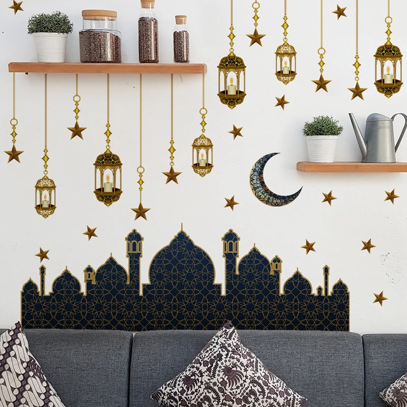 Ramadan Wall Stickers Moon Star Lantern DIY Wall Decal Ramadan Kareem Decoration For Home 2024 Islamic Muslim Mural Eid Mubarak