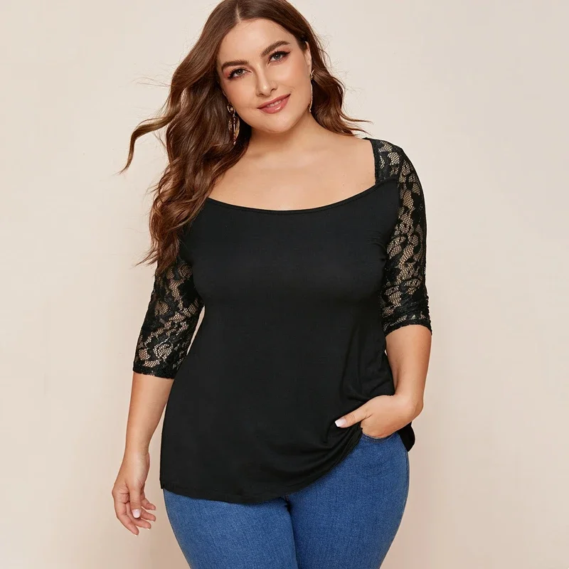 Tops elegantes y sexys para mujer, en contraste y cuello cuadrado Blusa con manga de encaje, color negro liso, talla grande 6XL