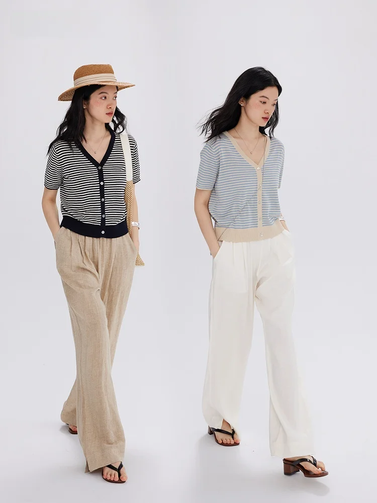 

Классический полосатый трикотажный джемпер Botanique с V-образным вырезом из льна и хлопка для женщин: летний, модный, повседневный, удобный, дышащий