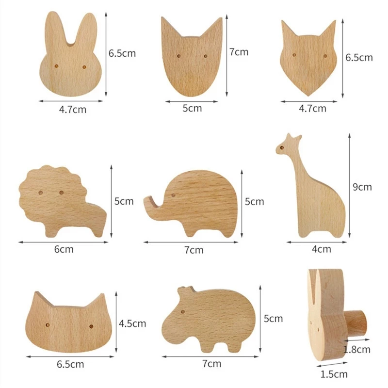 1pcs Wooden Hooks Cute Room Decor Animal Hook Wall Keychain Coat Hook Home Decoration Solid Wood Hook Hanger Kitchen Accessories