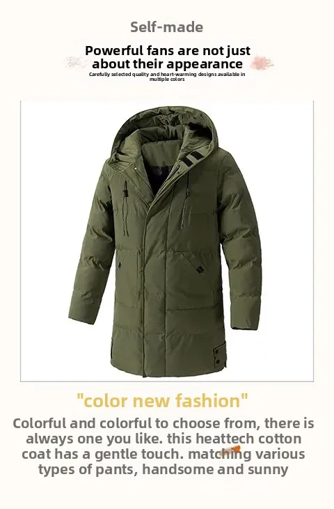 Jaqueta masculina de algodão de comprimento médio com capuz tamanho grande outono inverno fino ajuste estilo coreano casual confortável respirável