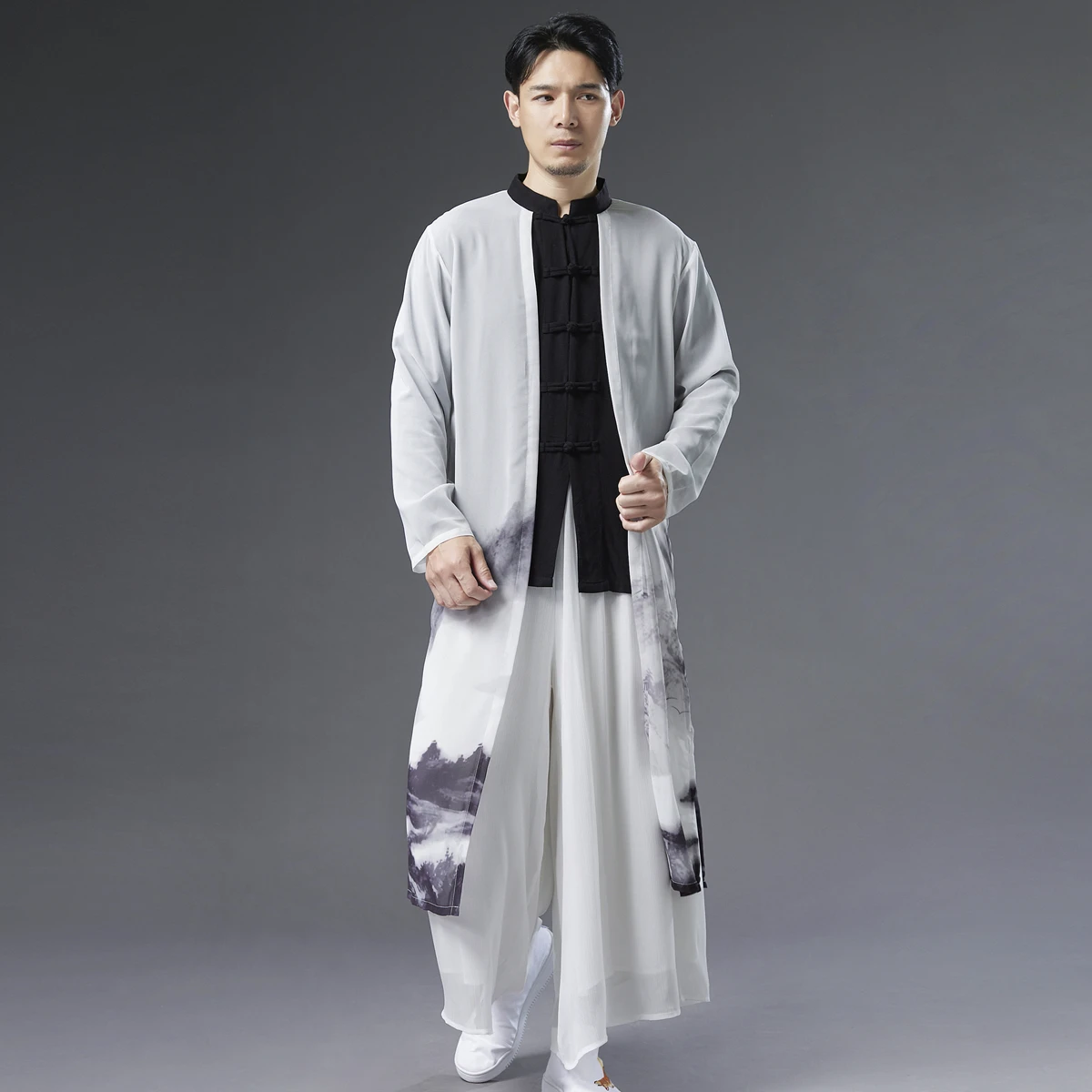 

Chinese Men's Chiffon Tang Suit Summer Thin Zen Clothes Wudang Tai Chi Practice Performance Martial Arts Kung Fu Long Shirt Suit