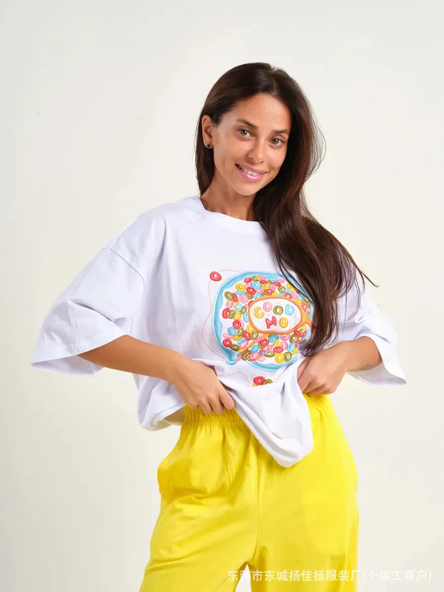 Y2K Pastel Cute Rainbow Cereal Bowl Spoon Print Oversized Tee Loose 100% Cotton Fun Breakfast Streetwear Casual Short Sleeve Top