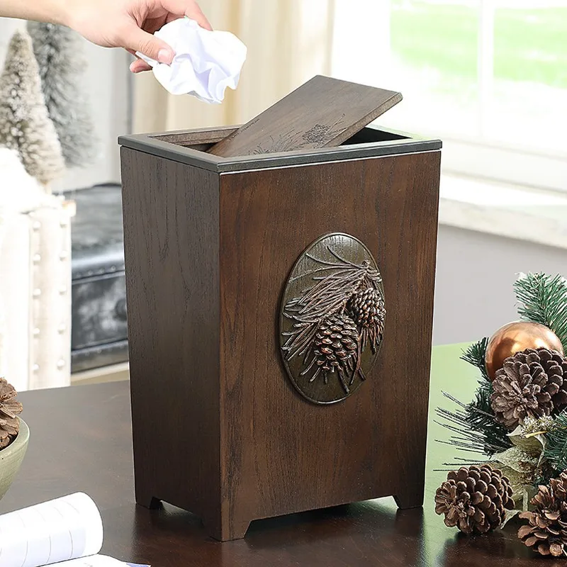 Wooden Waste Bins Shake Cover Trash Can Living Room Paper Drying Food Disposal Wastebasket  Home Cleaning Organizer Utensils