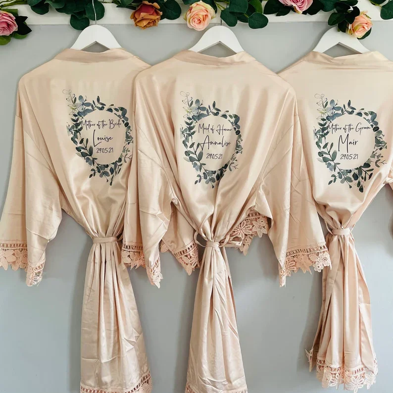 Watercolor Floral Wreath Bridesmaid Robes Bride Gift Bride Satin Lace Robe Dressing Gown Bridal Party Robes Wedding Robe