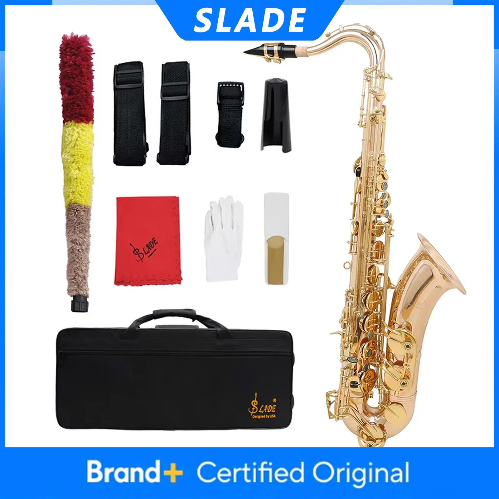 

Тенор-саксофон SLADE, латунный корпус, Bb, WT989, цвет розовое золото, духовой инструмент с кейсом, тростниками, перчатками, запчастями и аксессуарами