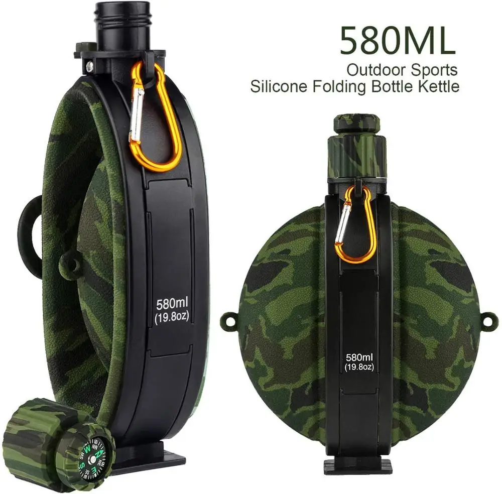 Collapsible Travel Water Bottle Silicone Folding Water Kettle Canteen with Compass Bottle Cap for Hiking Camping Kit Outdoors