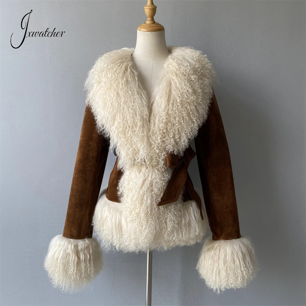 Jxwatcher-Veste en cuir suédé véritable pour femme, manteau moelleux, garniture en fourrure de mouton mongole, vêtements d'extérieur pour dames, automne, hiver