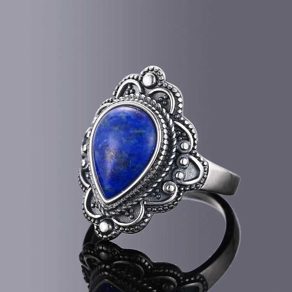 Natural Lapis Ring 925 Sterling Silver Rings for Women Men Drop Shaped Stone Fine Jewelry Gift Retro Party Finger Ring