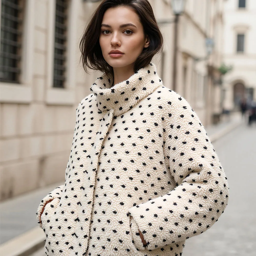 

Зимняя новая женская модная универсальная флисовая куртка в горошек с воротником-стойкой