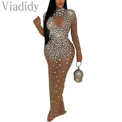 Women Sexy Solid Color See Through Sheer Mesh Long Sleeve Rhinestone Decor Floor-length Party Dress