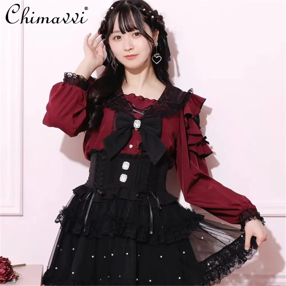 

New Japanese Mine Sweet and Cute Bow Lolita Shirt Girls Ladies Blouse 2024 Autumn Lace Long Sleeve Navy Collar Shirt Camisas