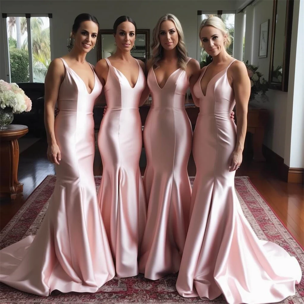 

Cheap Long Pink Bridesmaid Dresses Elegant Mermaid V Neck Wedding Party Dress Customized