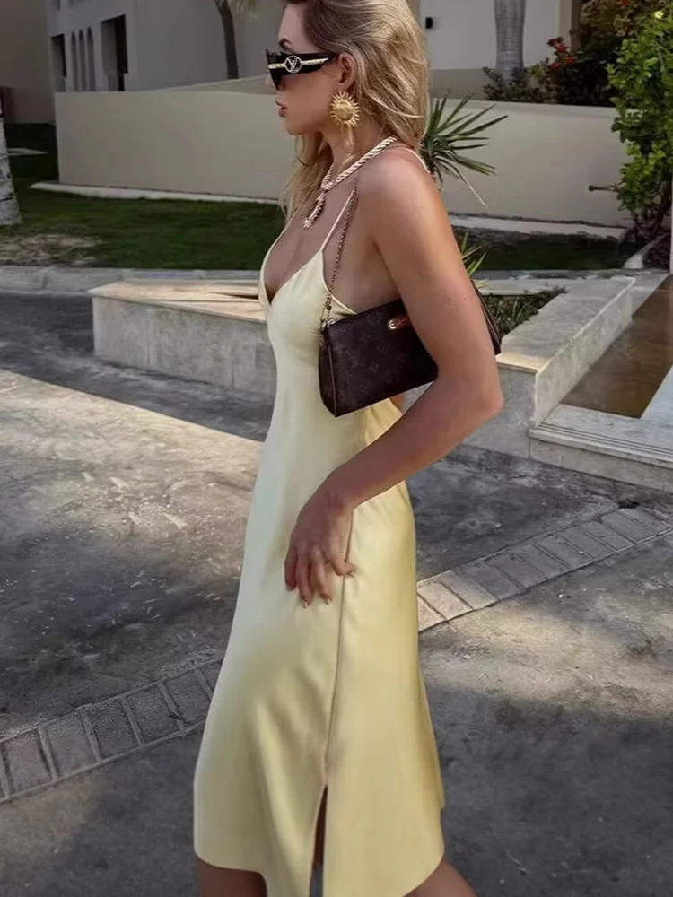 FSMG mode jaune sans manches taille haute col en V longues robes élégant Satin Sexy dos nu fronde jupe soirée Robe dame