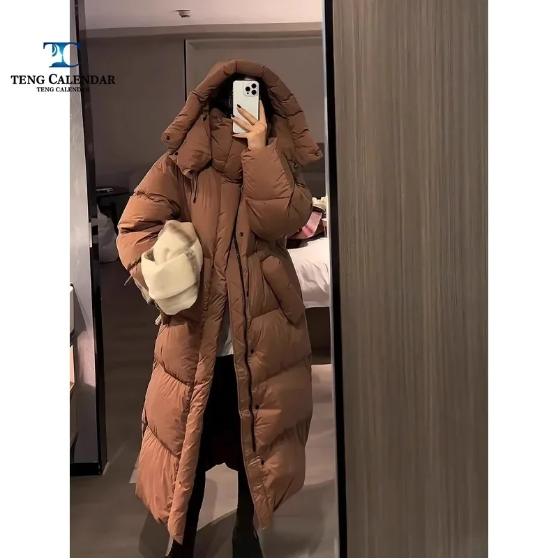 Fashionable Down Jacket, Medium To Long Thick Hooded Knee High Korean White Duck Down Jacket, Women's 2024 Winter New Style