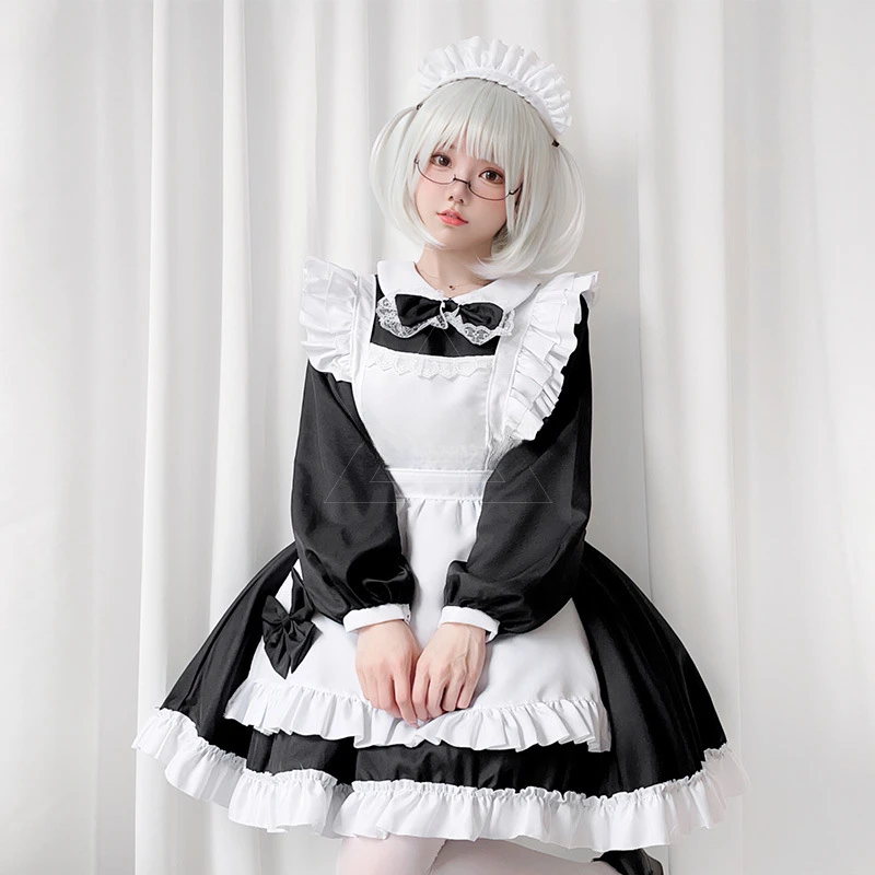 Plus Size Gothic Maid Set Black White Tiered Lolita Dress Apron Bow Set Curvy Anime Cafe Uniform for Halloween Tea Party Cosplay view 4