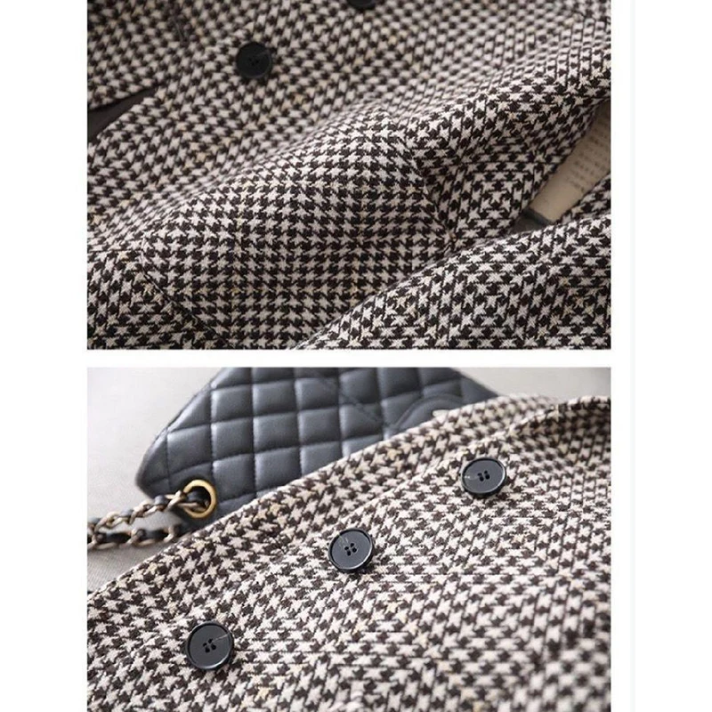 Autumn Winter Oversized Office Lady Elegant Fashion Houndstooth Print Blazer Outwear Women Loose Casual All-match Woolen Suit