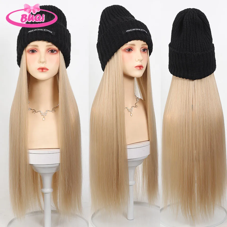 Long Synthetic Beanies Hat With Hair Wigs For Women 22inch Straight Hair Synthetic Wig Warm Soft Ski Knitted Autumn Winter Cap