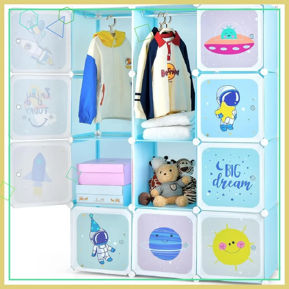 Kids Wardrobe with 12 Cubes and Hanging Sections, Portable Closet for Nursery Storage in Blue