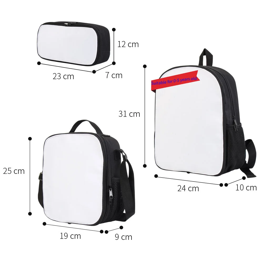 3 Pcs/Set of Kids' Boys And Girls Bookbag Gift Sublimation Printing Blank Backpack Lunch Box Pencil Bag Set for Students