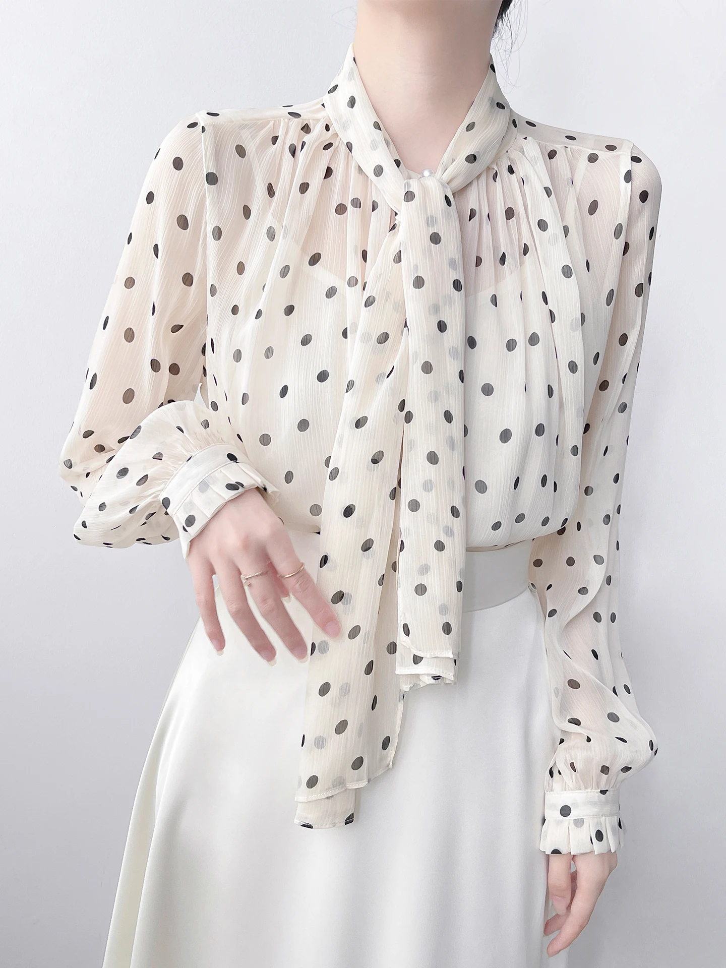 

Korean Sle Long Sve Polka Dot Chiffon irt Women's Translucent Wrap Belted Two Piece Set Top Casual Commute Faion