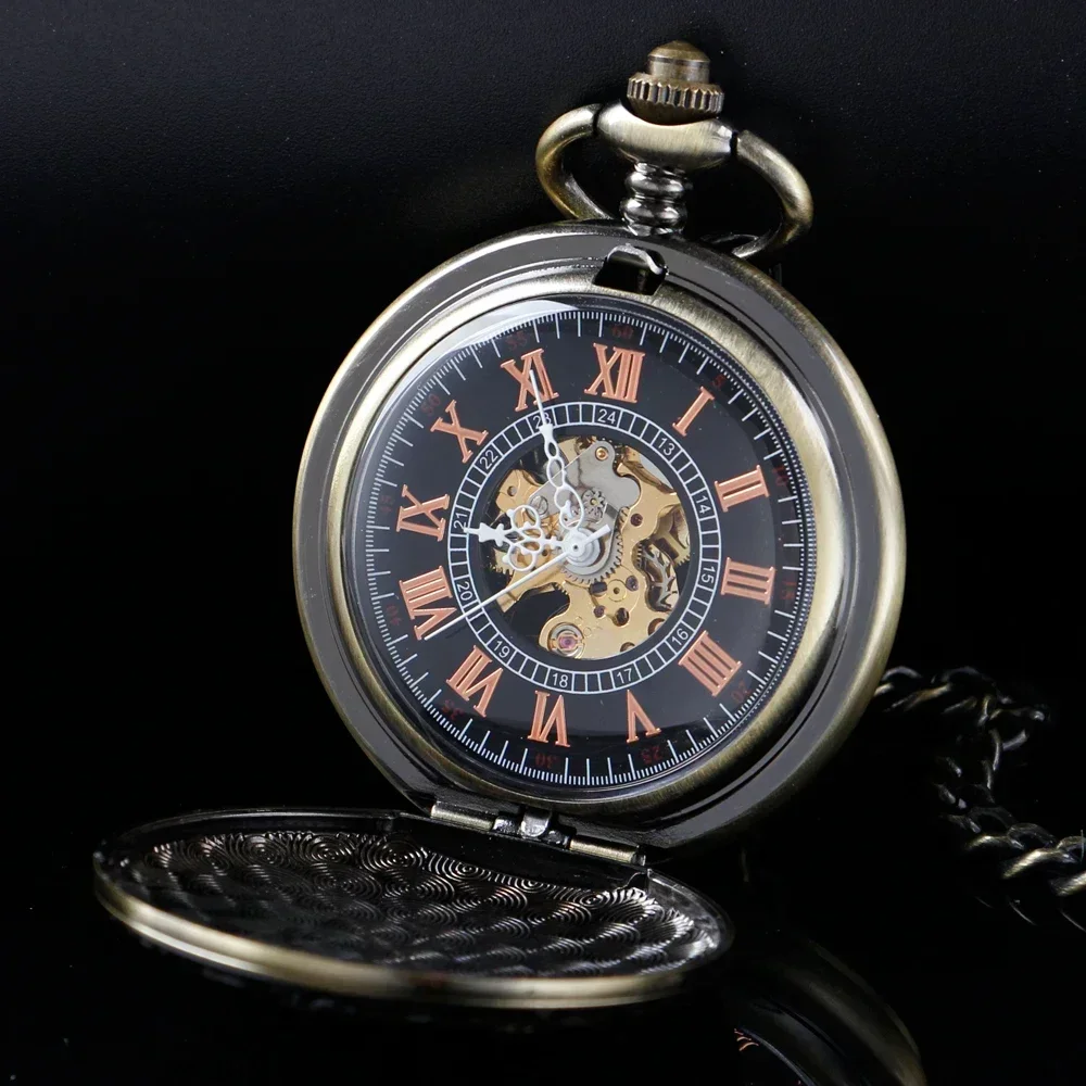 Retro Mechanical Pocket Watch Red Cross Hand-winding brown Edelweiss Sculpture Hollow Vintage Skeleton Watches Men FOB Chain