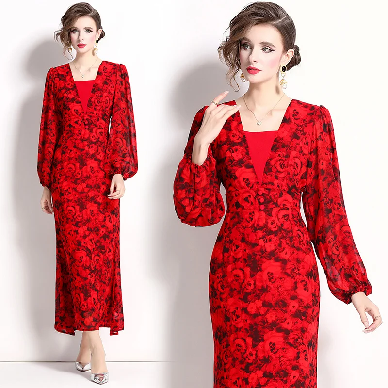 New high-quality fashionable floral temperament women's slim fitting lantern sleeve long skirt evening dresses for women