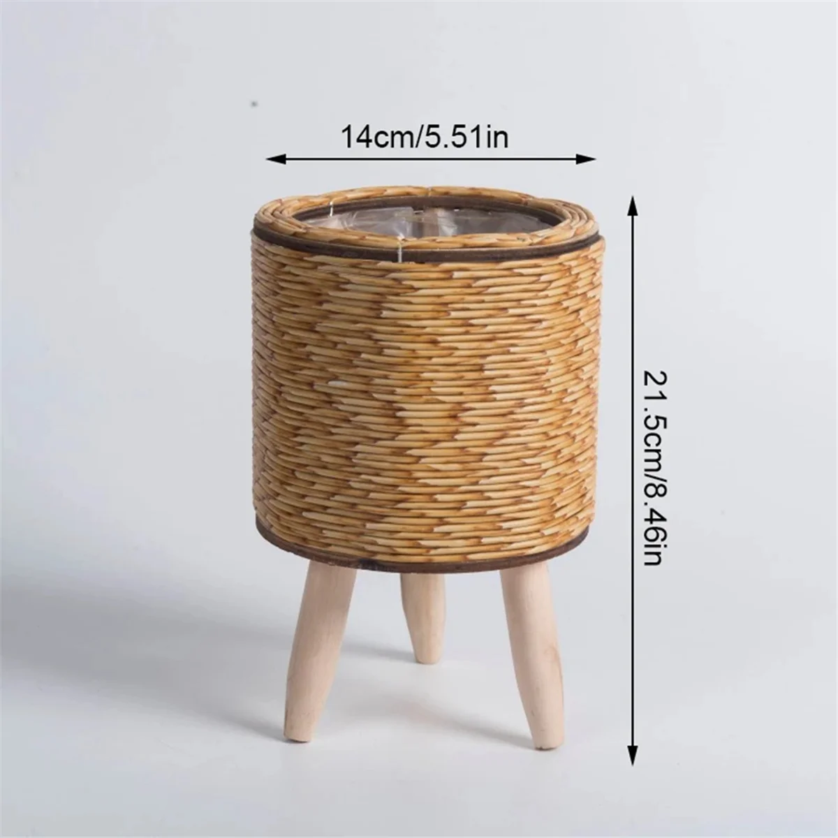 Vintage Imitation Rattan Woven Flower Shelf Planters Handmade Storage Basket with Wooden Legs Plant Pot Stand Holder,F