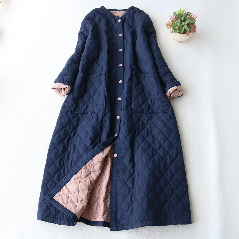 

Women's Long Coat Commute Round Neck Big Pockets Loose Single Breasted Long Sleeves Jacket Diamond Grid Quilted Women Clothing