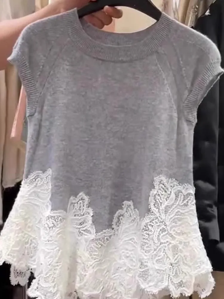 

Корейский свободный вязаный кружевной круглый топ Ne ort Sve Top Faion Sensation, летний дизайн, удобный для поездок на работу, повседневный стиль