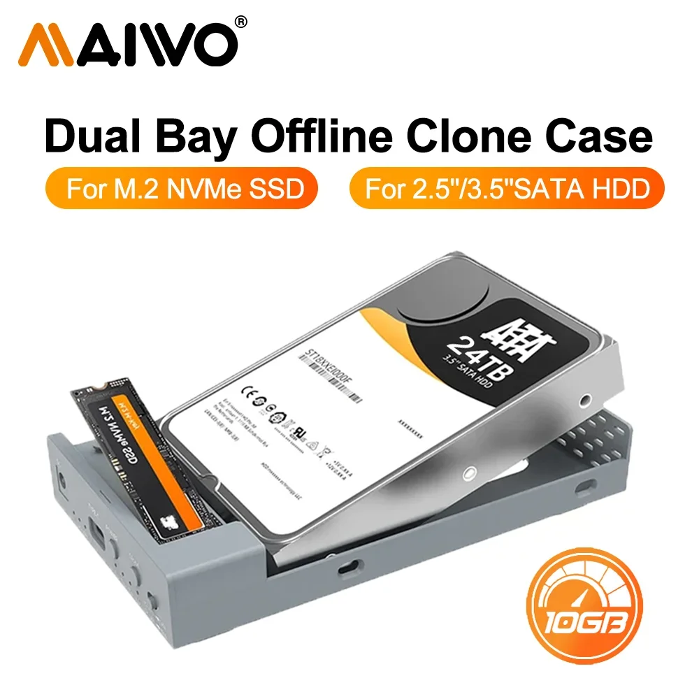 Maiwo Dual Bay Gehäuse für m.2 nvme 2.5 "3.5" sata ssd/hdd mit Offline-Klon Typ c 10gbps Duplikator für m.2 nvme hdd Fall