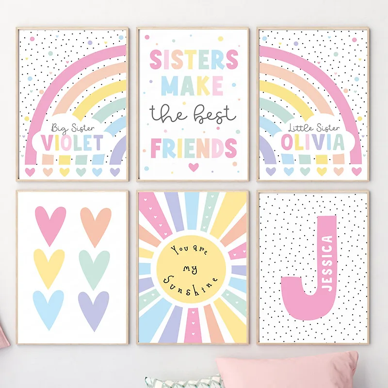 Cartoon Colorful Sun Rainbow Custom Girl Name Wall Art Posters Art Prints Canvas Painting Picture Baby Kids Room Home Wall Decor