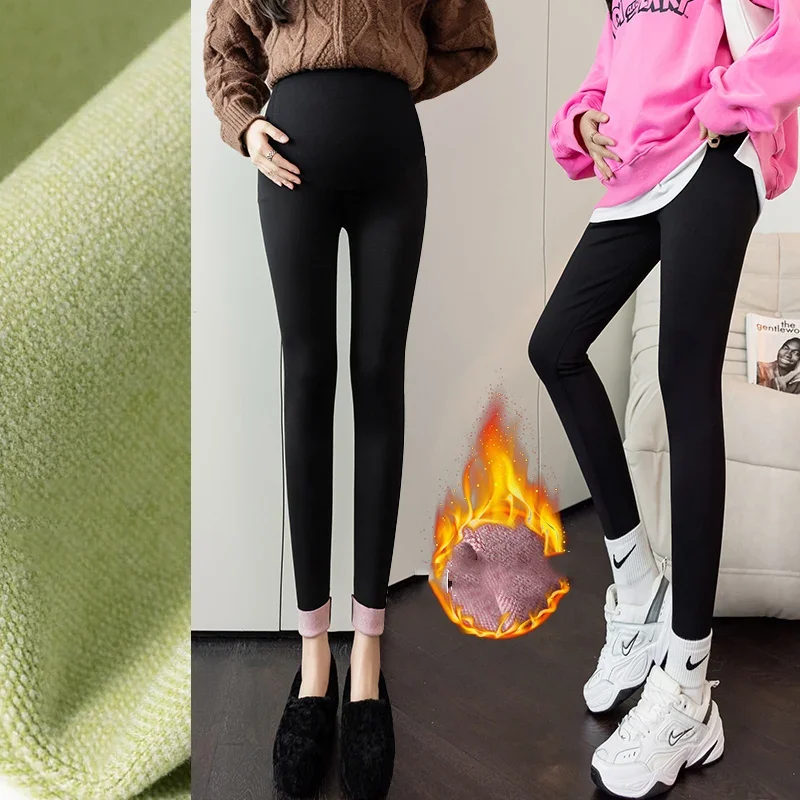 

Winter Pregnant Plus Velvet Striped Full Length Leggings Skinny High Waist Adjust Elastic Step Foot Maternity Clothes