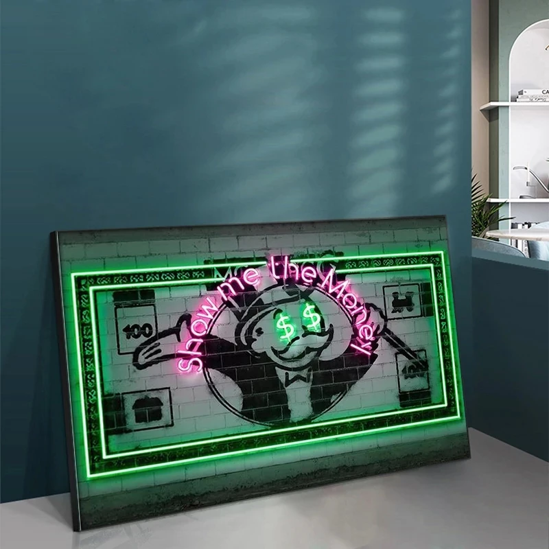 Abstract Street Graffiti Art Canvas Painting Show Me the Money Dollar Neon Lights Poster motivazionale stampa Picture Office Decor