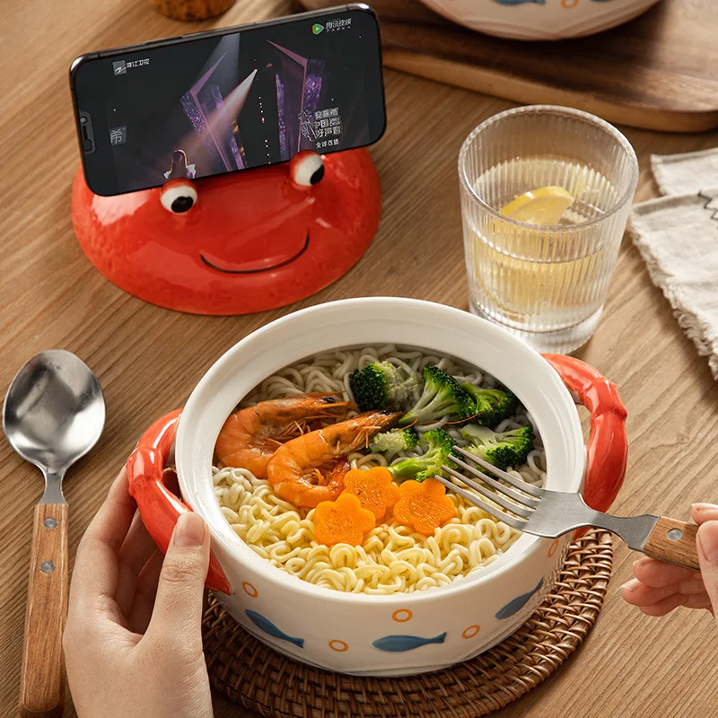 New Creative Ocean Tableware With Lid Ceramic Instant Noodle Bowl Phone Holder Double-Sided Bowl Student Dormitory Meal Bowl