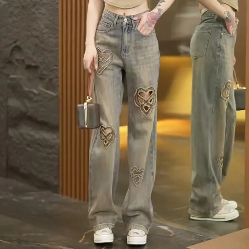 Spring Summer New Light Color Ripped Straight Jeans for Women's Heavy Industry Pattern Nail Beads Floor Wide-leg Trousers