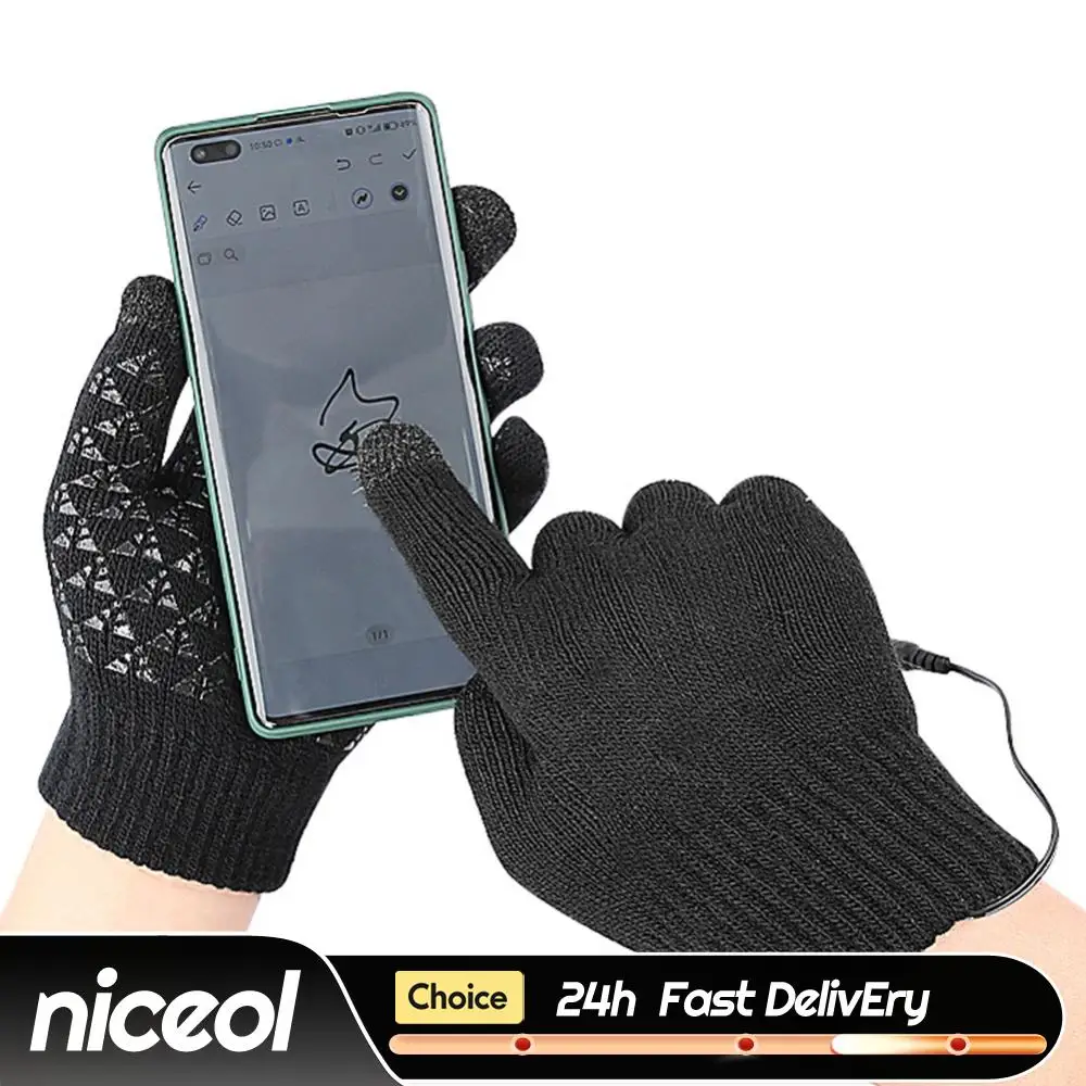 

USB Heated Knitted Gloves Touch Screen Gloves Non-Slip Thermal Knitting Mitts Winter Cycling Gloves for Outdoor Sports
