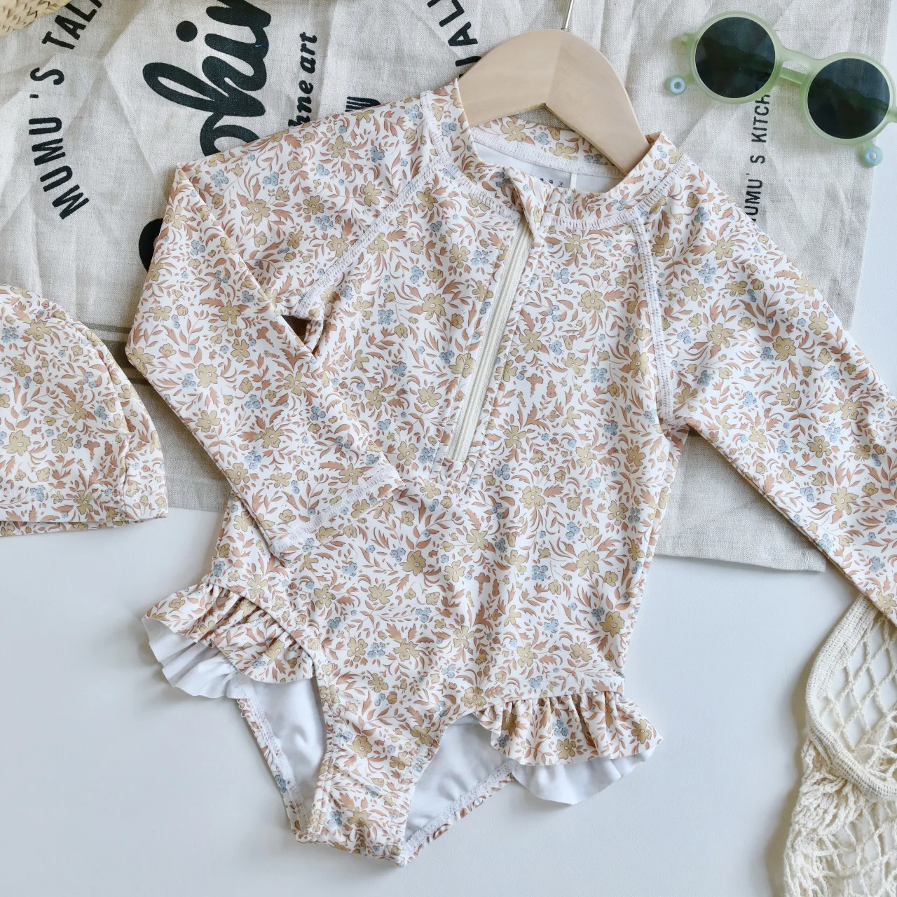 1-7T Toddler Kid Girls Swimwear Summer Clothes Set Print Long Sleeve Swim Bodysuit Sun Protection Quick-dry Swimsuit 2