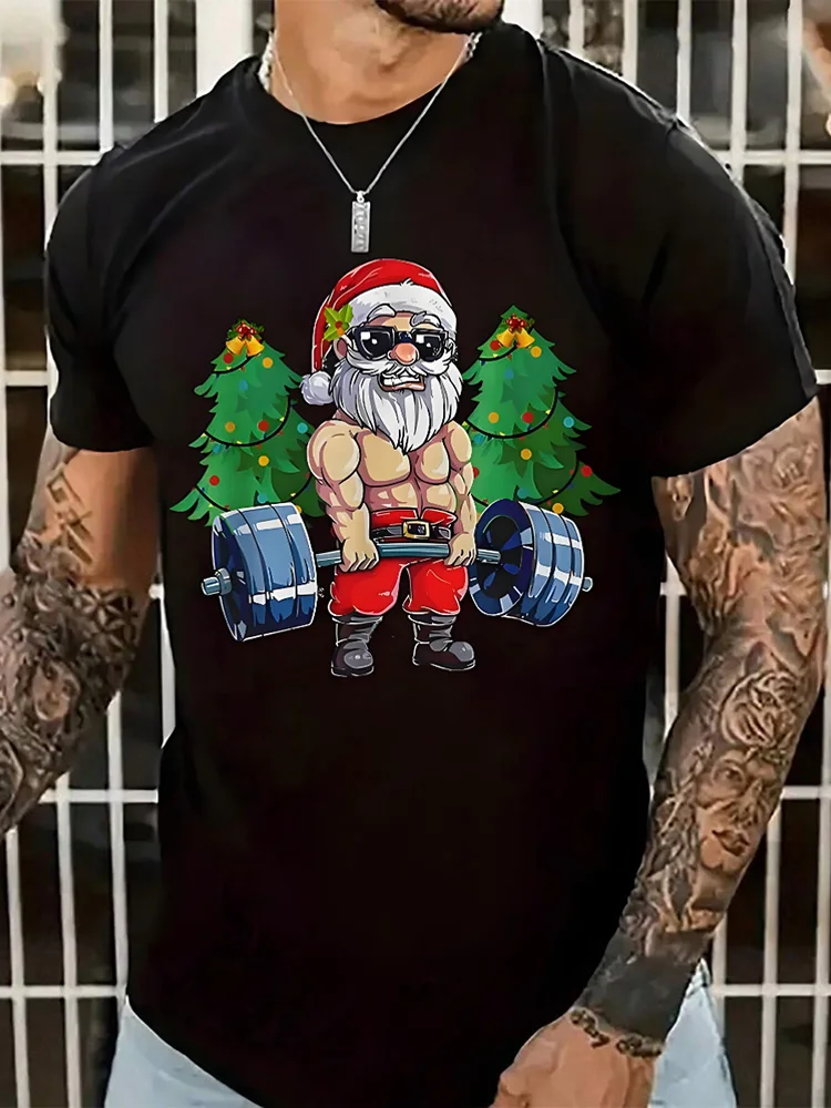 Santa Fitness Printed Men's T-shirt Fitness Sports Men's Short Sleeve Top Daily Running Workout Men's Crew Neck T-shirt