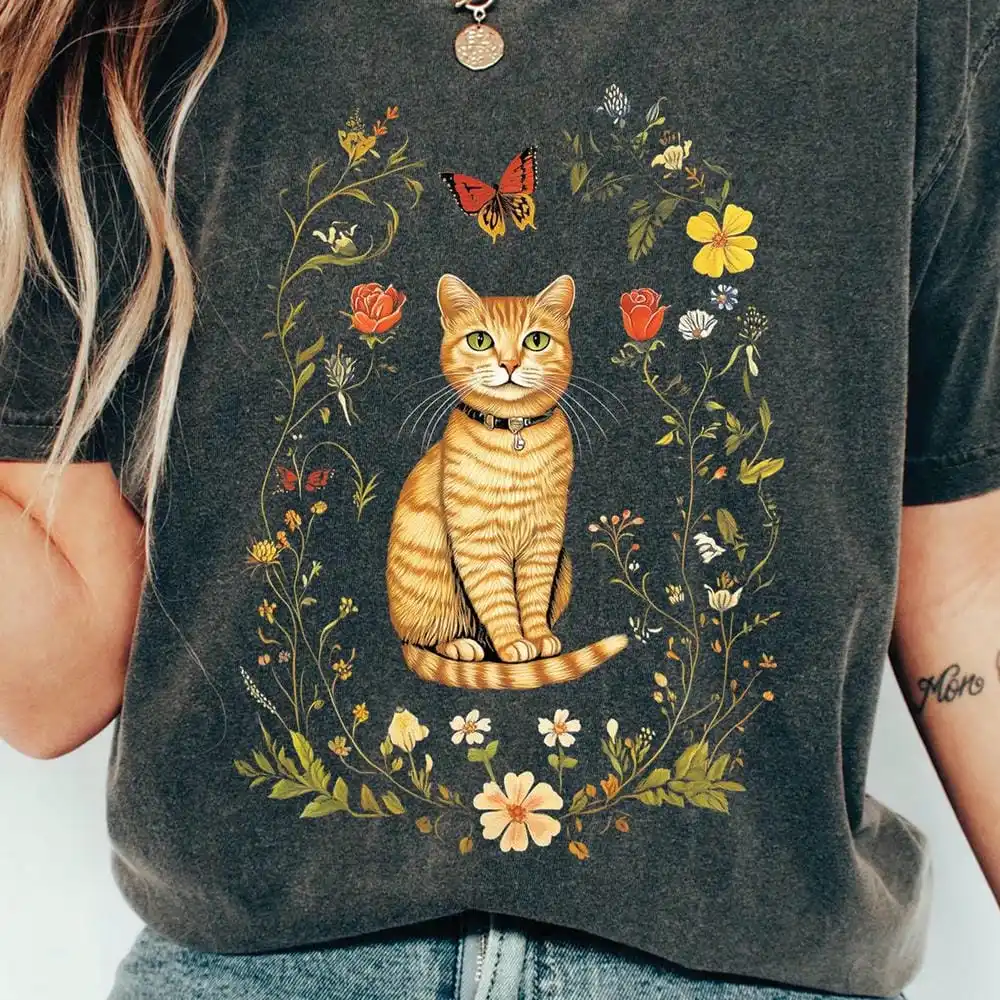 Cottagecore Cats Comfort Shirts Light Academia Pressed Flowers Vintage Aesthetic Floral Shirt Casual Daily Y2K Top Streetwear