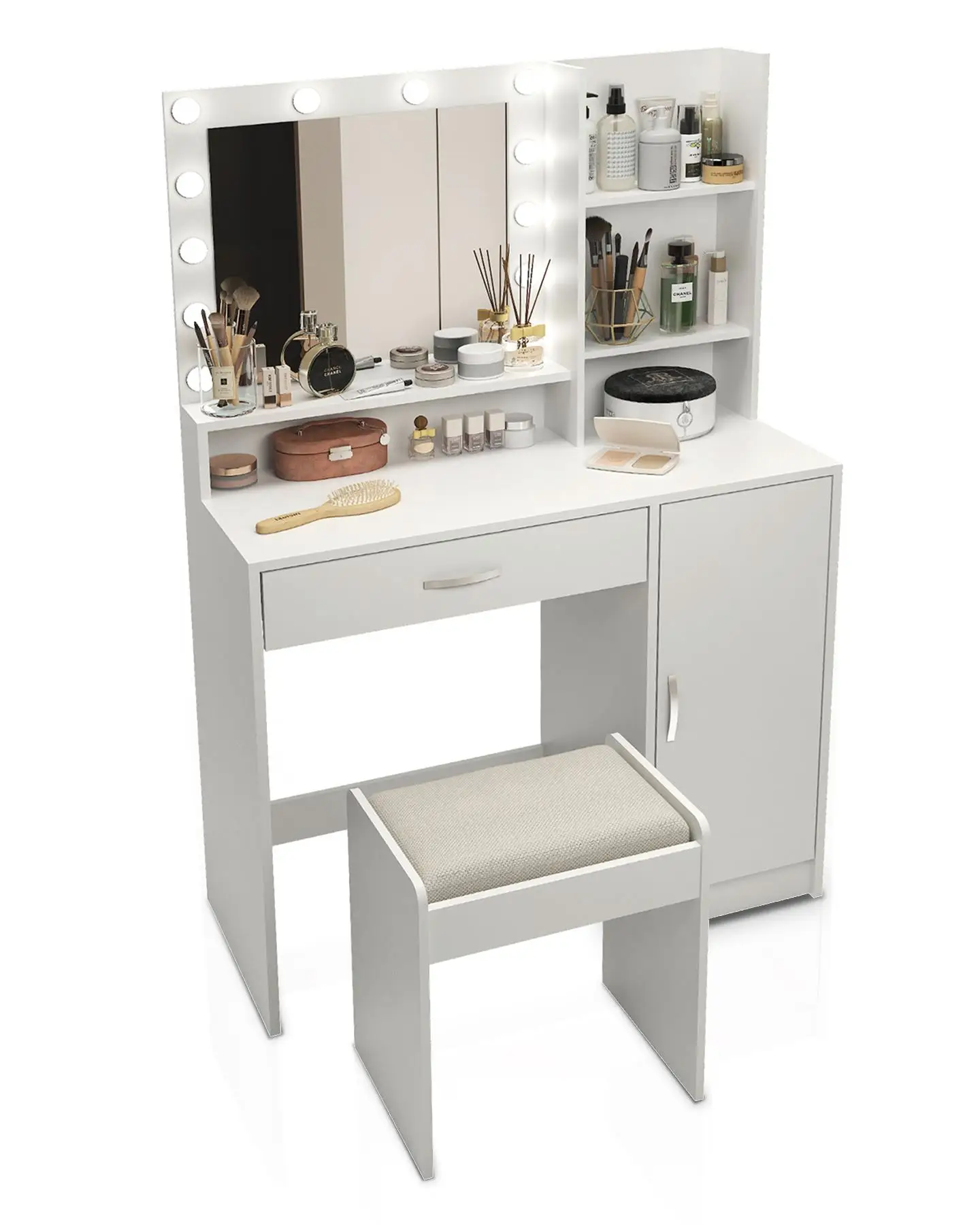 White Vanity Desk with Mirror & Adjustable Light, 3 Level Storage Dresser, 3 Lighting Modes, Bedroom Makeup Table with Stool