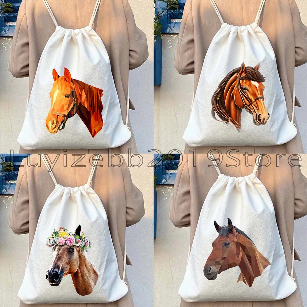 Horses Is My Spirit Animal Floral Watercolor Horse Face Art Print Cute Gifts Canvas Drawstring Bags Soccer Backpack Gym Sackpack