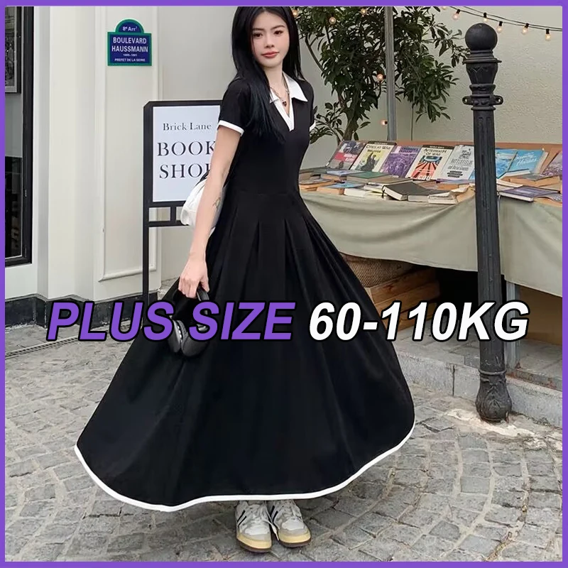 

Women's Plus Size Dresses Elegant Black Clothing Loose Pleated Short Sleeve Dress 3XL 4XL 5XL Casual Frock Vintage Hepburn Dress