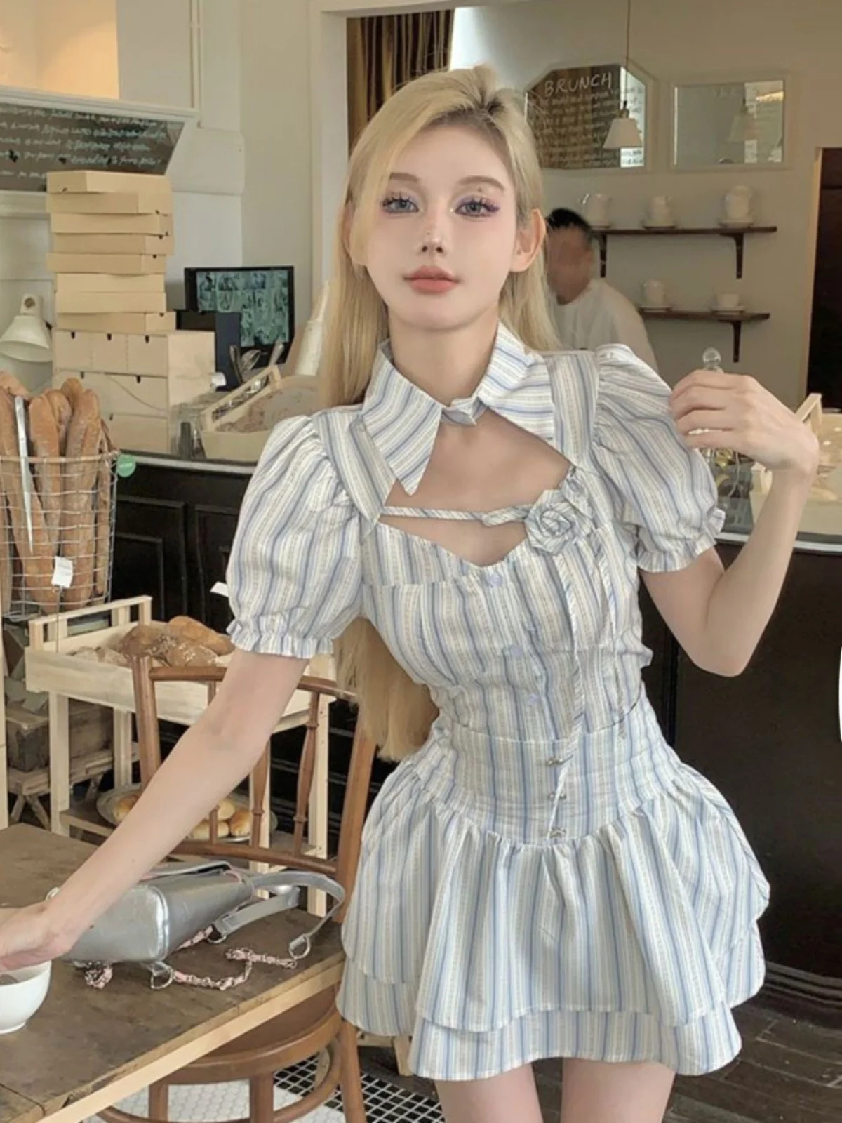 

Sweet And Spicy Stripe Set Women's Puffy Half Skirt Summer Hollow out Shirt Top Anti-Aging Stylish Skirt Two-Piece Set