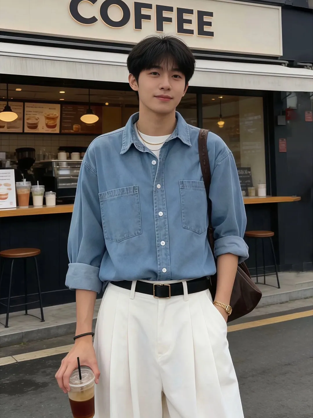 Cleanfit Blue Denim Shirt Men's Spring High-End Feeling Stylish Layered Wear Collar Stand-Up Coat Retro Inner Shirt
