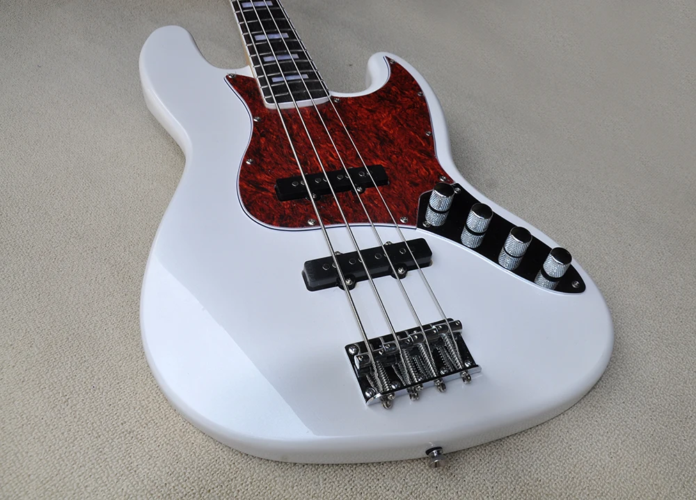 White 4 Strings Electric Bass Guitar with Rosewood Fretboard, Red Pickguard,Customizable