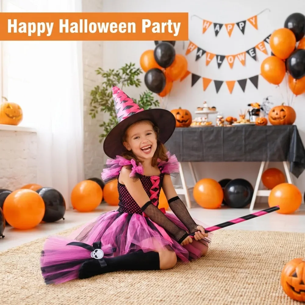 Halloween Mädchen Rosa-Schwarzes Hexen-Tutu-Kleid-Set mit Hut, Handschuhen, Socken, Besen Kinder Kostüm Cosplay Partykleidung – Detail 8