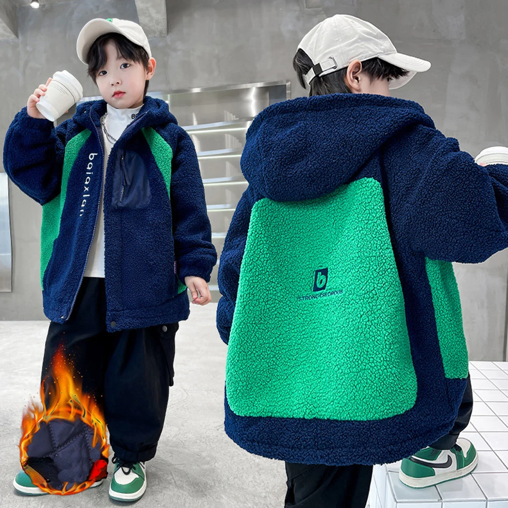 

Boys Fleece Coat Kids Letter Outerwear 2023 Winter Teenagers Warm Hooded Jacket 4 To 14Yrs Children's Thick Clothes Korean Style