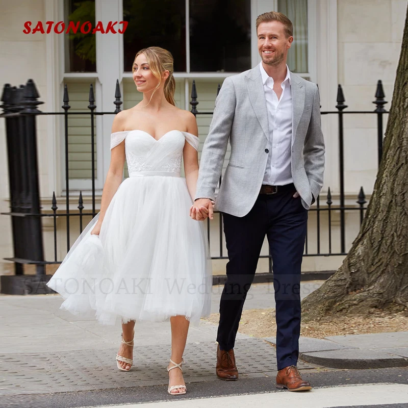 

Vestidos De Novia Elegant Sexy Off the Shoulder Short Wedding Dress for Women Tea Length Backless Bride Gown Robe Mariée Custom