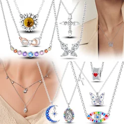 New 925 Sterling Silver Round Pendant Necklace Chain Butterfly Lucky Symbol Cross Zircon Necklace Women Engagement Wedding